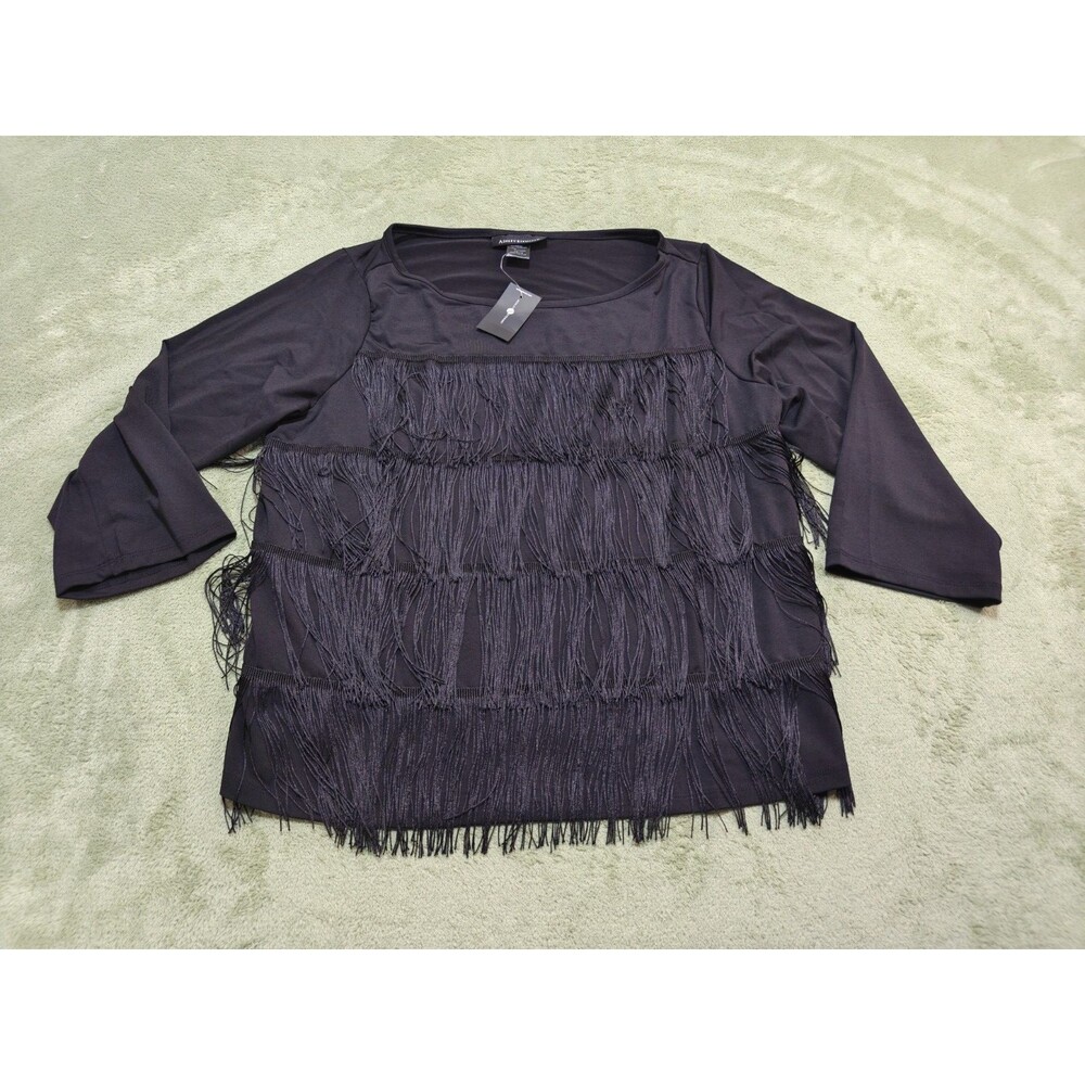 Ashley Stewart Blouse Women Plus 14/16 Black Multi Tier Fringe Party Tassel